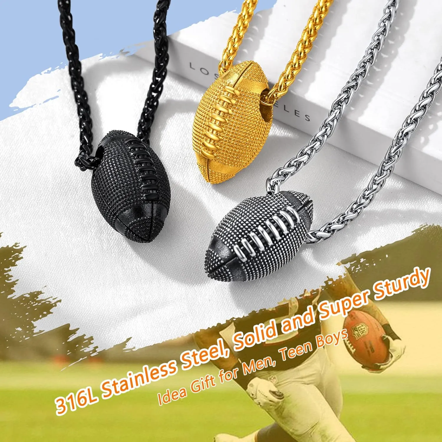 PROSTEEL 316L Stainless Steel 3D Football/Basketball/Volleyball/Baseball/Rugby Ball Cool Necklaces for Men, Sports Players Favors Jewelry, 22inch, Come with Box