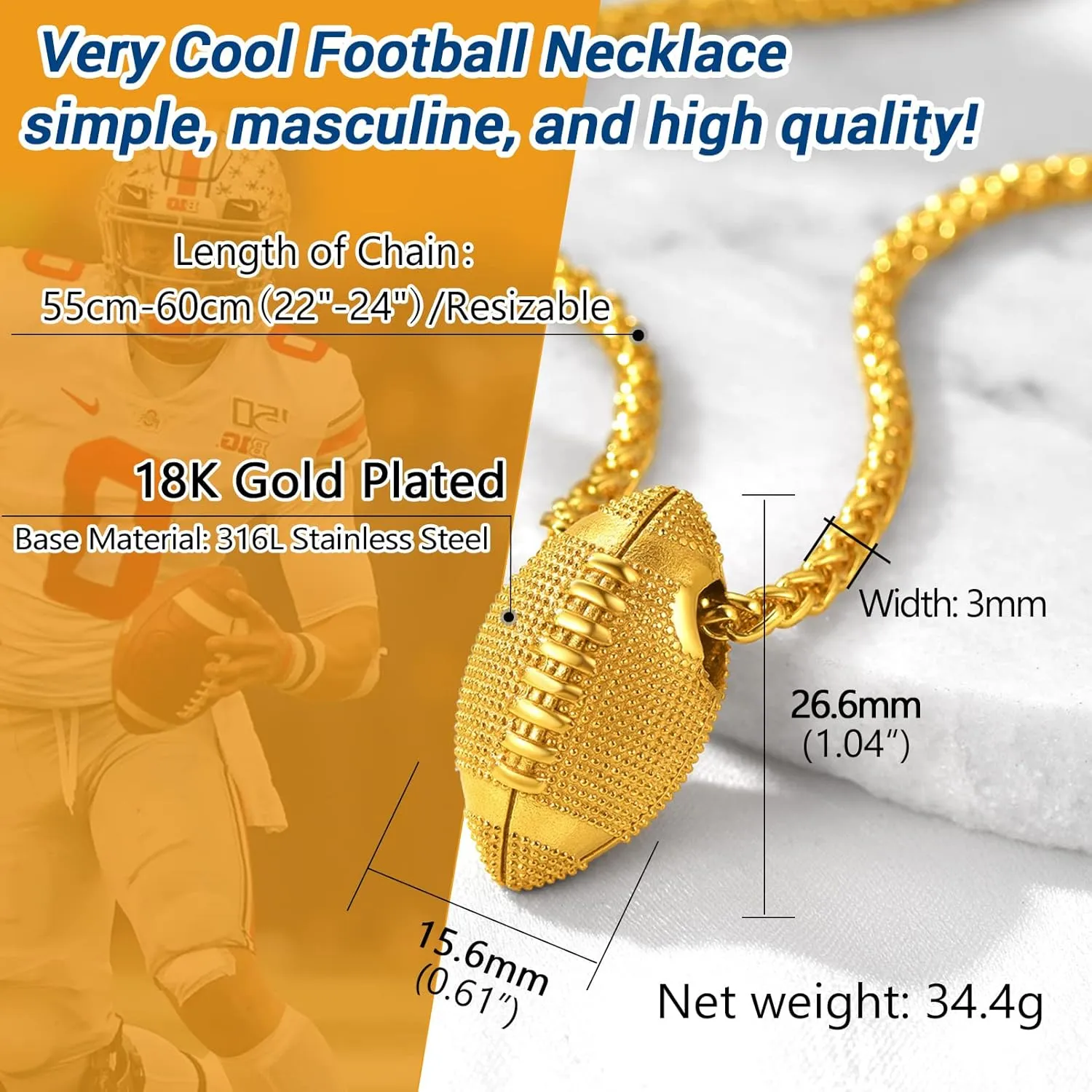 PROSTEEL 316L Stainless Steel 3D Football/Basketball/Volleyball/Baseball/Rugby Ball Cool Necklaces for Men, Sports Players Favors Jewelry, 22inch, Come with Box