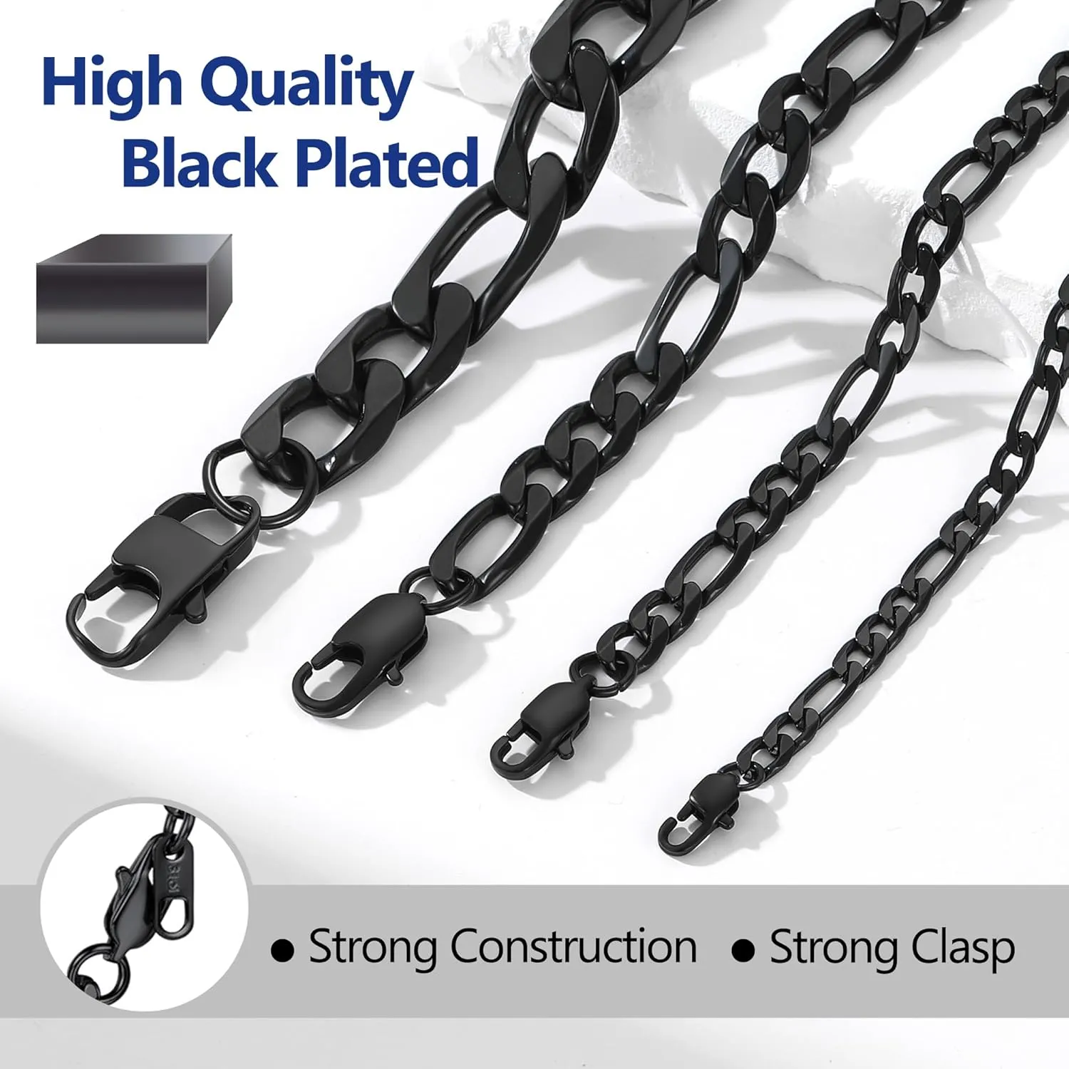 PROSTEEL 316L Stainless Steel Figaro Chain Necklace for Men, Black/18K Real Gold Plated, 4mm to 13mm, 14inch to 30inch, Come with Box