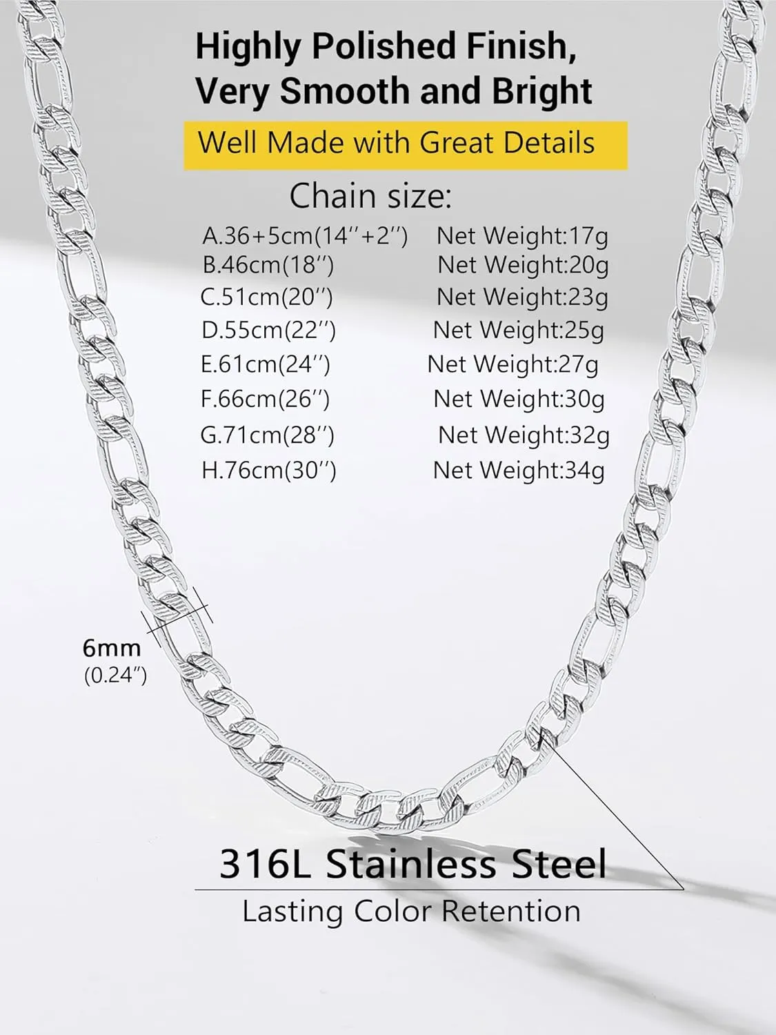 PROSTEEL 316L Stainless Steel Figaro Chain Necklace for Men, Black/18K Real Gold Plated, 4mm to 13mm, 14inch to 30inch, Come with Box