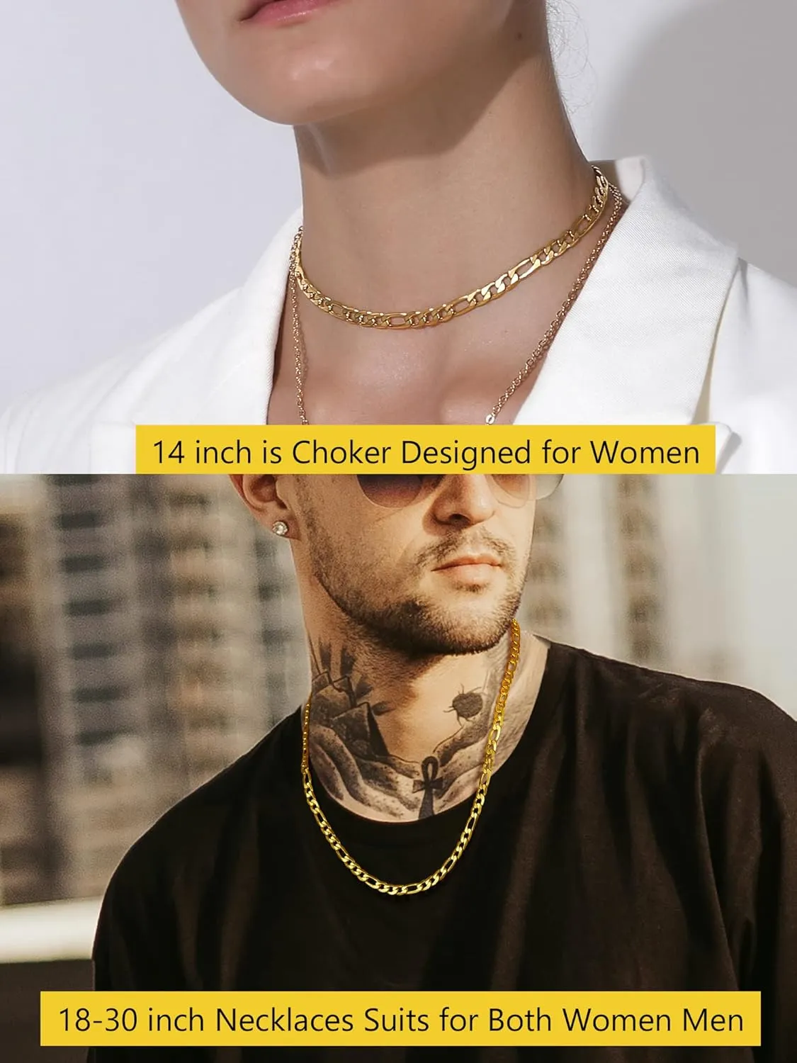 PROSTEEL 316L Stainless Steel Figaro Chain Necklace for Men, Black/18K Real Gold Plated, 4mm to 13mm, 14inch to 30inch, Come with Box