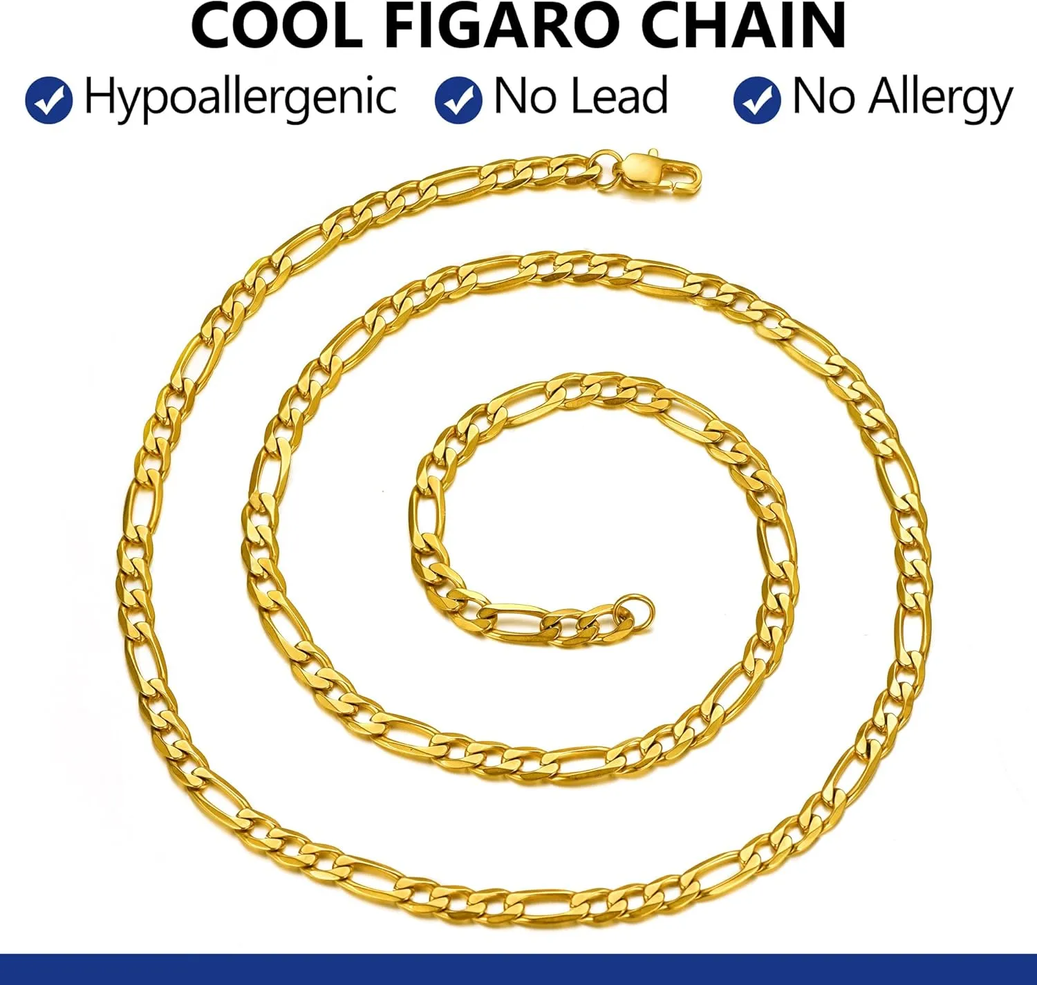 PROSTEEL 316L Stainless Steel Figaro Chain Necklace for Men, Black/18K Real Gold Plated, 4mm to 13mm, 14inch to 30inch, Come with Box