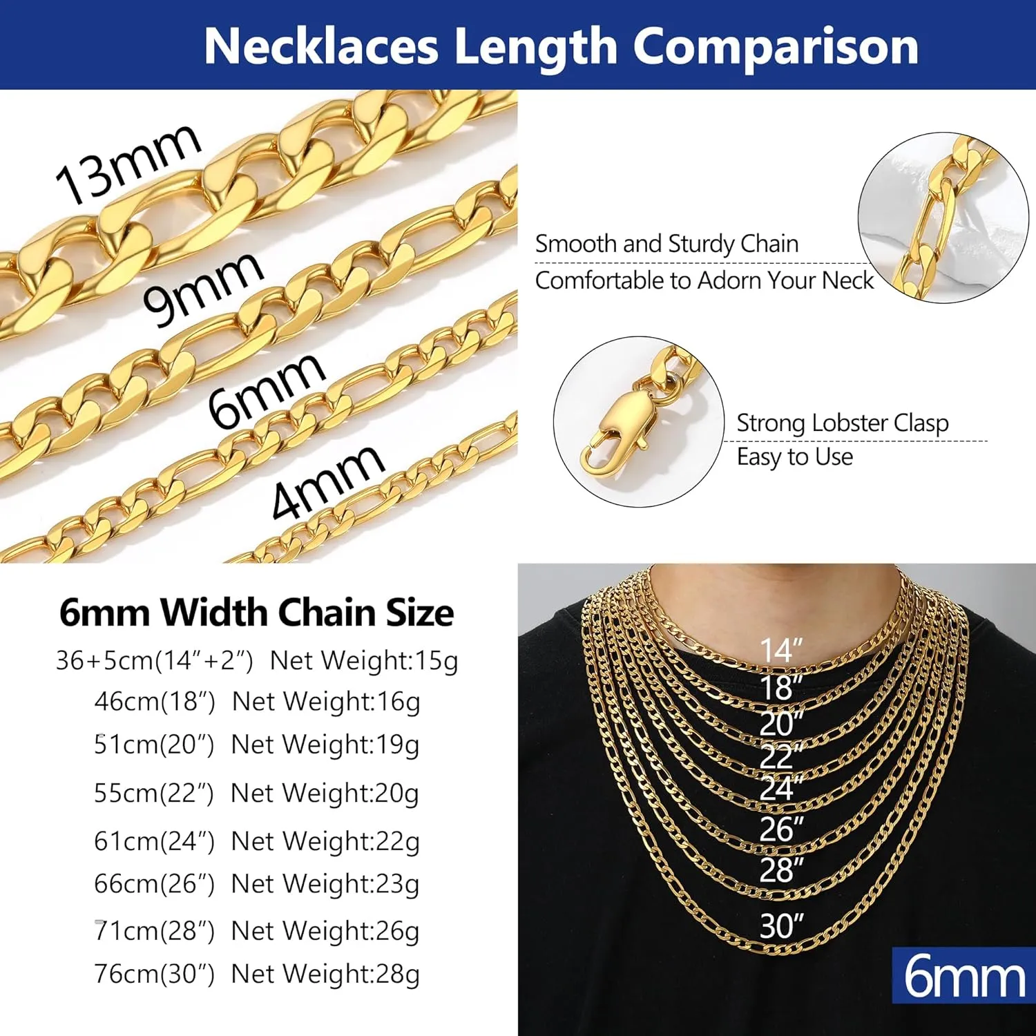 PROSTEEL 316L Stainless Steel Figaro Chain Necklace for Men, Black/18K Real Gold Plated, 4mm to 13mm, 14inch to 30inch, Come with Box