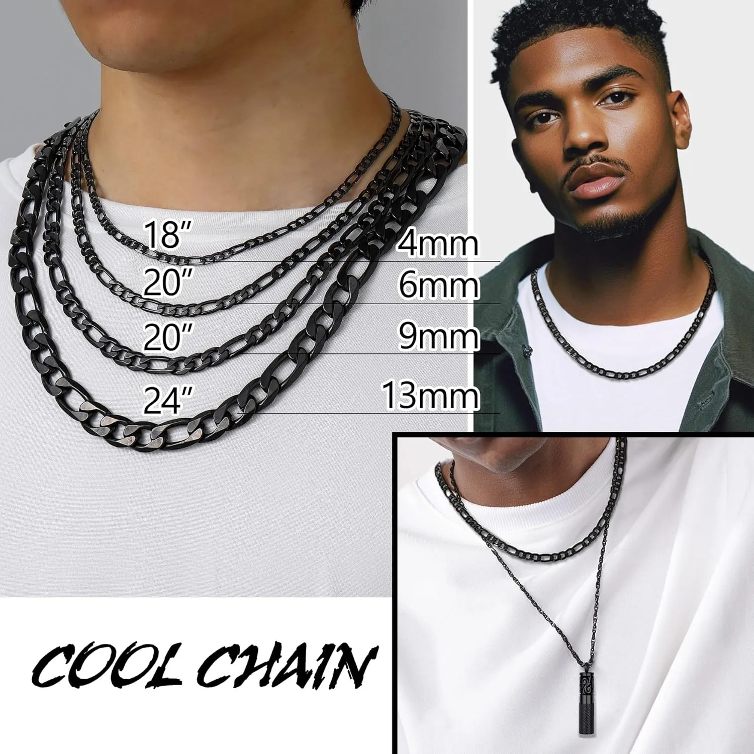 PROSTEEL 316L Stainless Steel Figaro Chain Necklace for Men, Black/18K Real Gold Plated, 4mm to 13mm, 14inch to 30inch, Come with Box