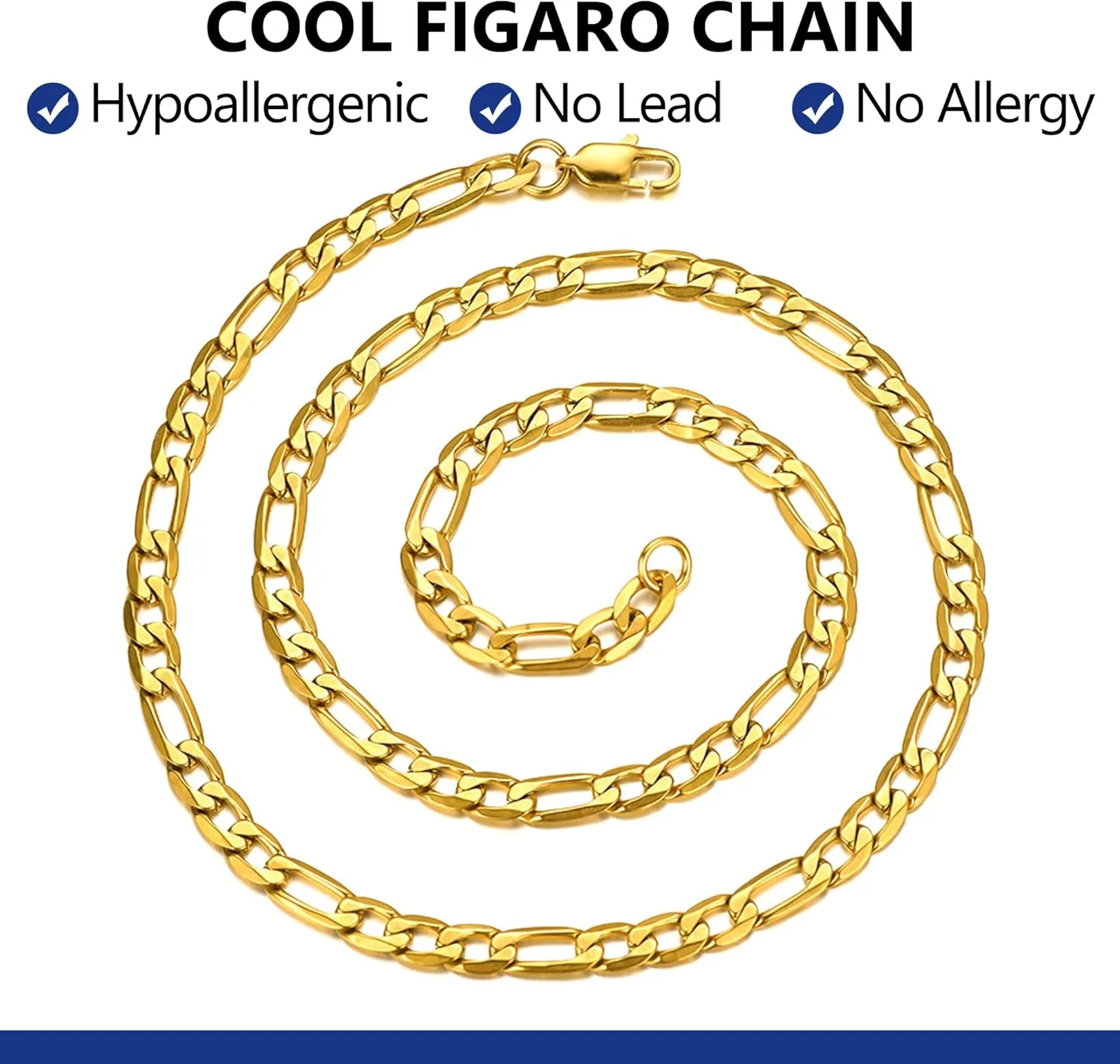 PROSTEEL 316L Stainless Steel Figaro Chain Necklace for Men, Black/18K Real Gold Plated, 4mm to 13mm, 14inch to 30inch, Come with Box
