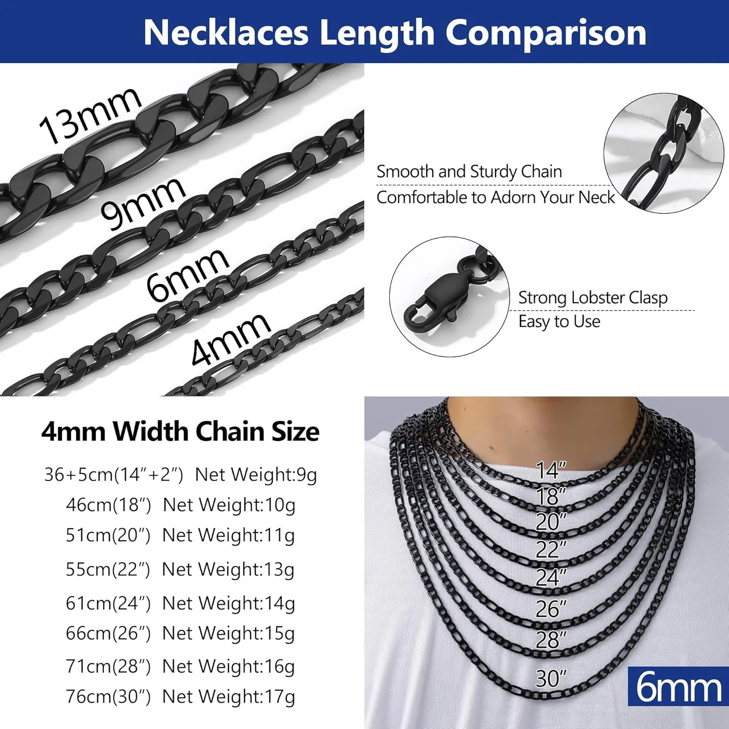PROSTEEL 316L Stainless Steel Figaro Chain Necklace for Men, Black/18K Real Gold Plated, 4mm to 13mm, 14inch to 30inch, Come with Box