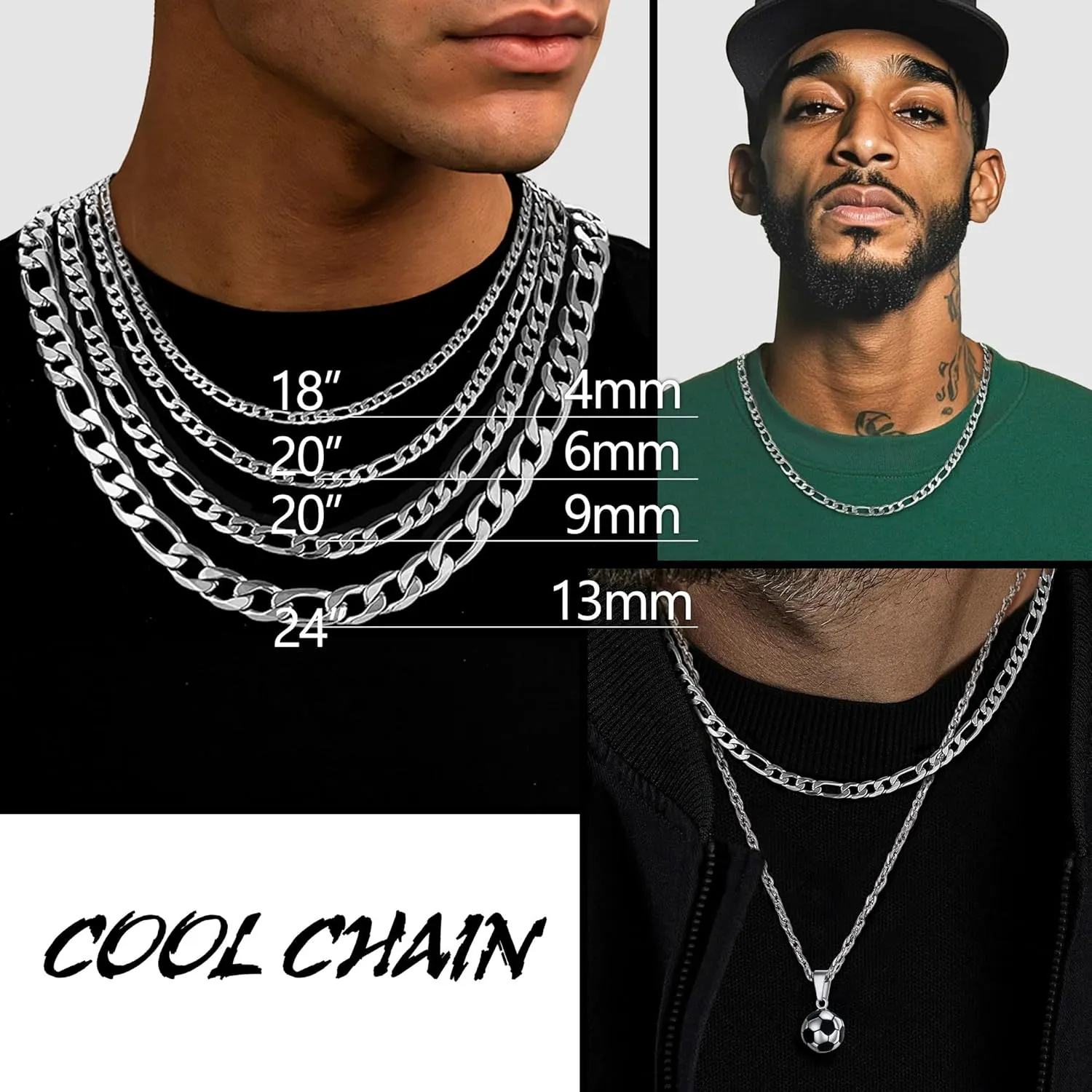 PROSTEEL 316L Stainless Steel Figaro Chain Necklace for Men, Black/18K Real Gold Plated, 4mm to 13mm, 14inch to 30inch, Come with Box