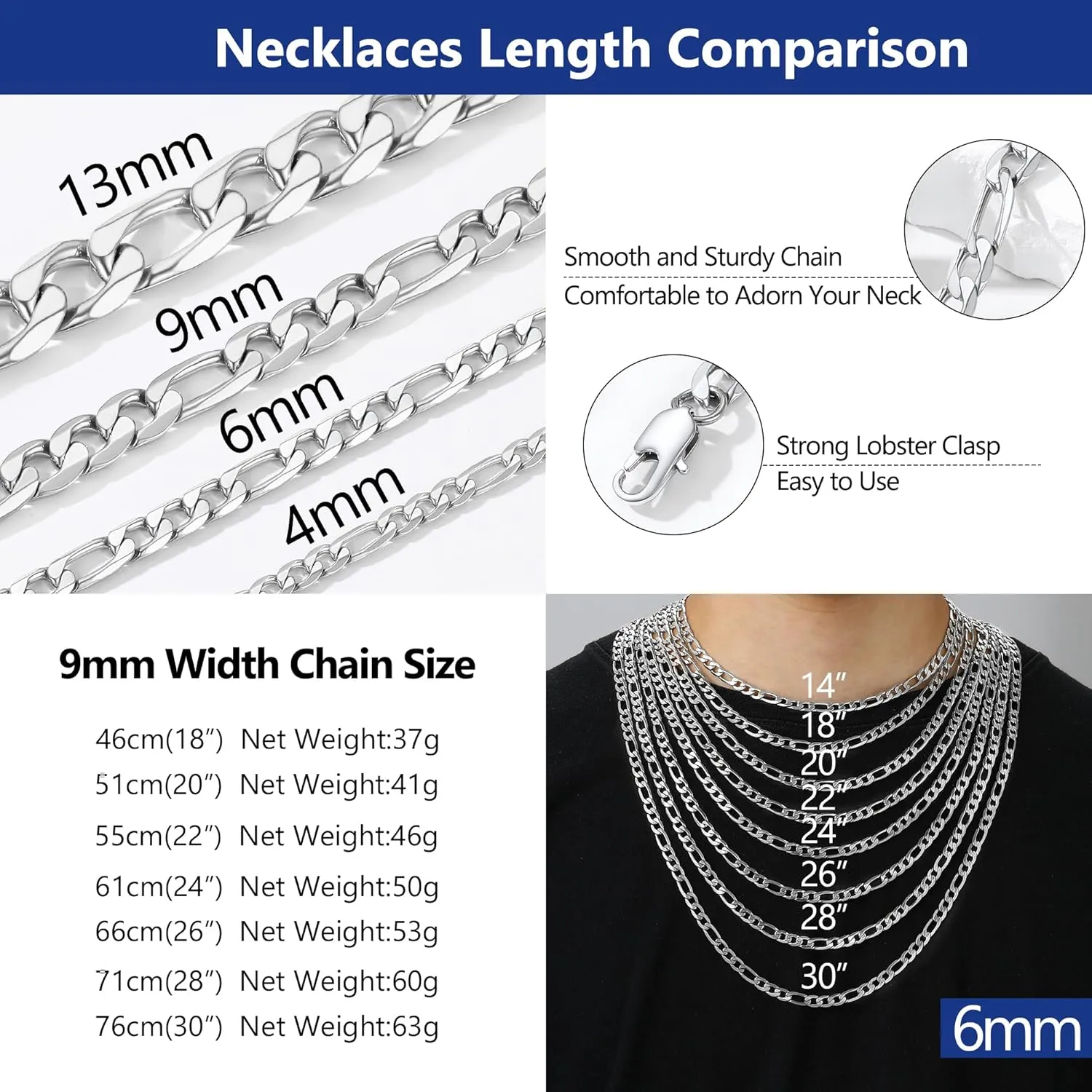 PROSTEEL 316L Stainless Steel Figaro Chain Necklace for Men, Black/18K Real Gold Plated, 4mm to 13mm, 14inch to 30inch, Come with Box