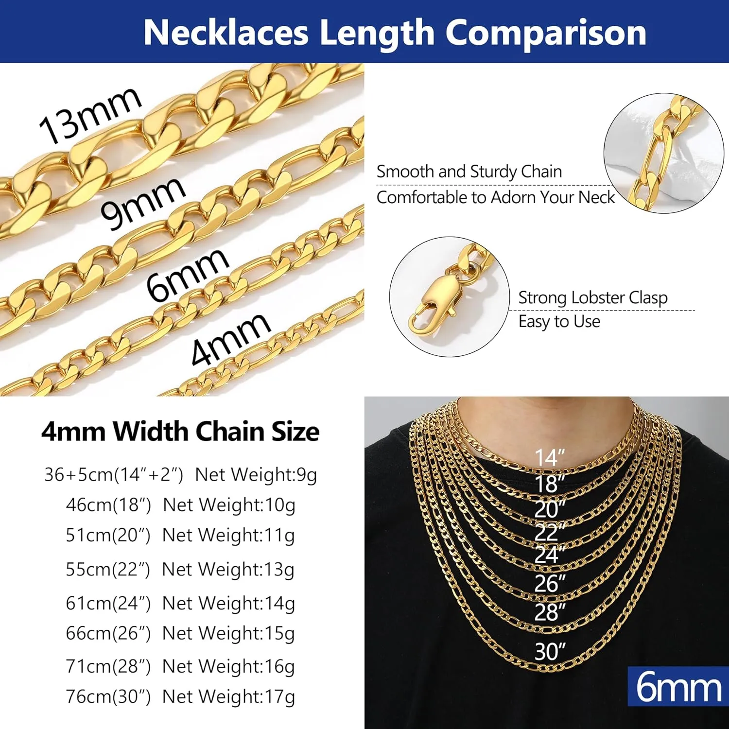 PROSTEEL 316L Stainless Steel Figaro Chain Necklace for Men, Black/18K Real Gold Plated, 4mm to 13mm, 14inch to 30inch, Come with Box