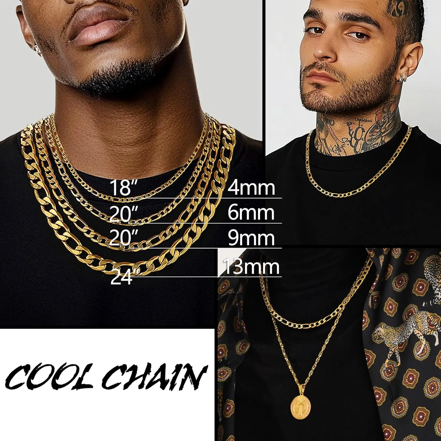 PROSTEEL 316L Stainless Steel Figaro Chain Necklace for Men, Black/18K Real Gold Plated, 4mm to 13mm, 14inch to 30inch, Come with Box