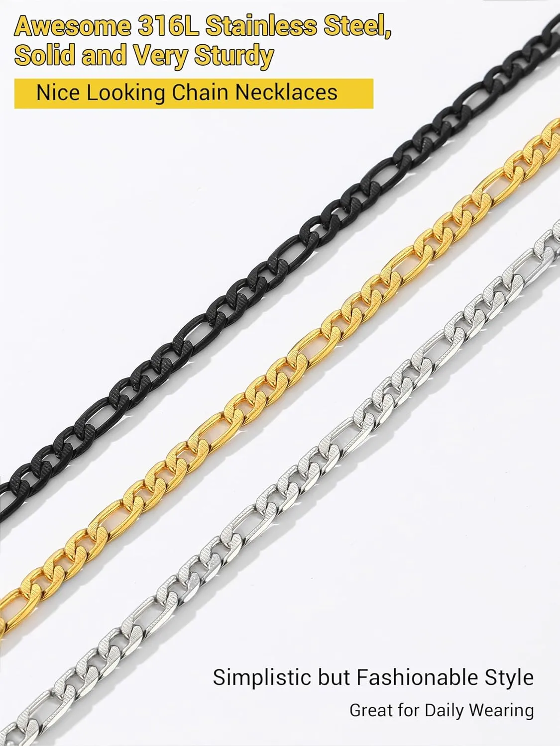 PROSTEEL 316L Stainless Steel Figaro Chain Necklace for Men, Black/18K Real Gold Plated, 4mm to 13mm, 14inch to 30inch, Come with Box