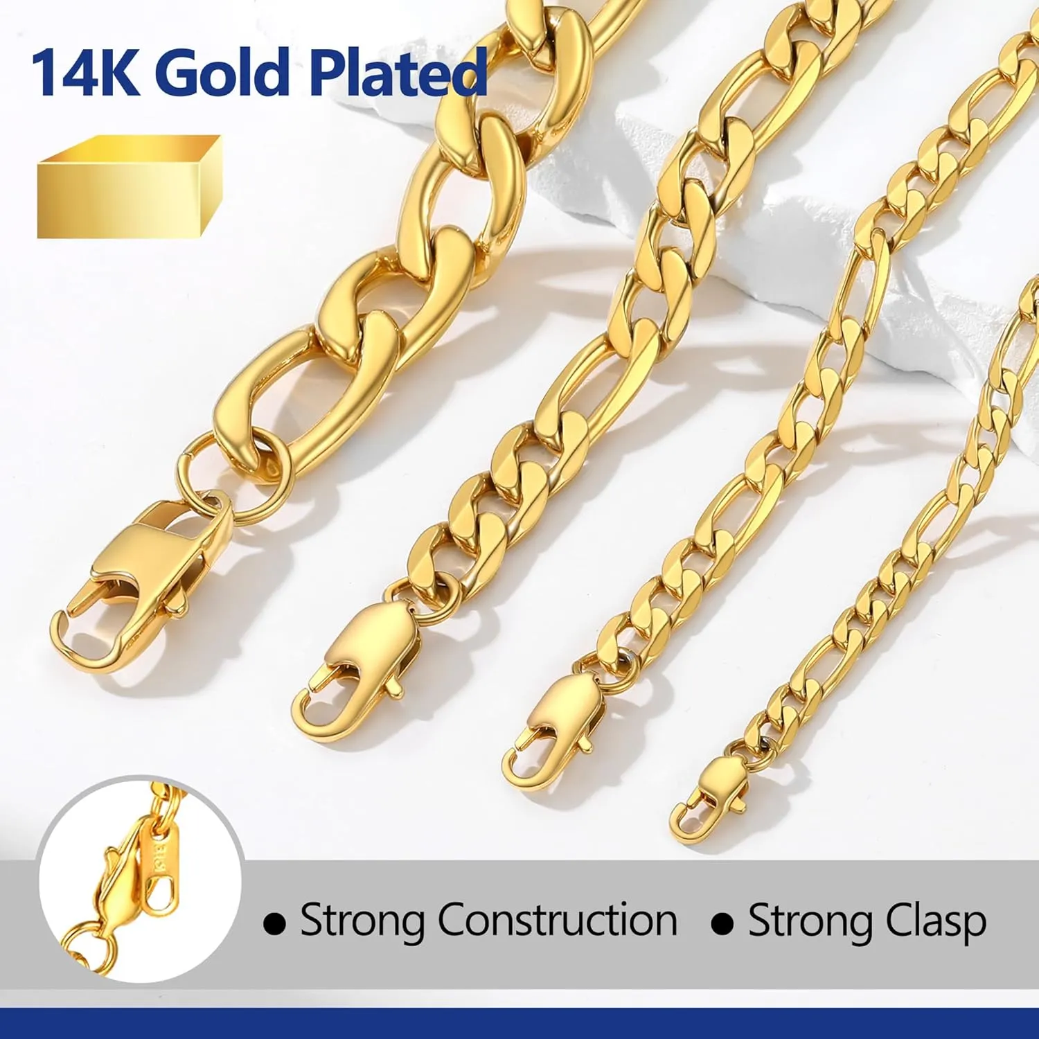 PROSTEEL 316L Stainless Steel Figaro Chain Necklace for Men, Black/18K Real Gold Plated, 4mm to 13mm, 14inch to 30inch, Come with Box