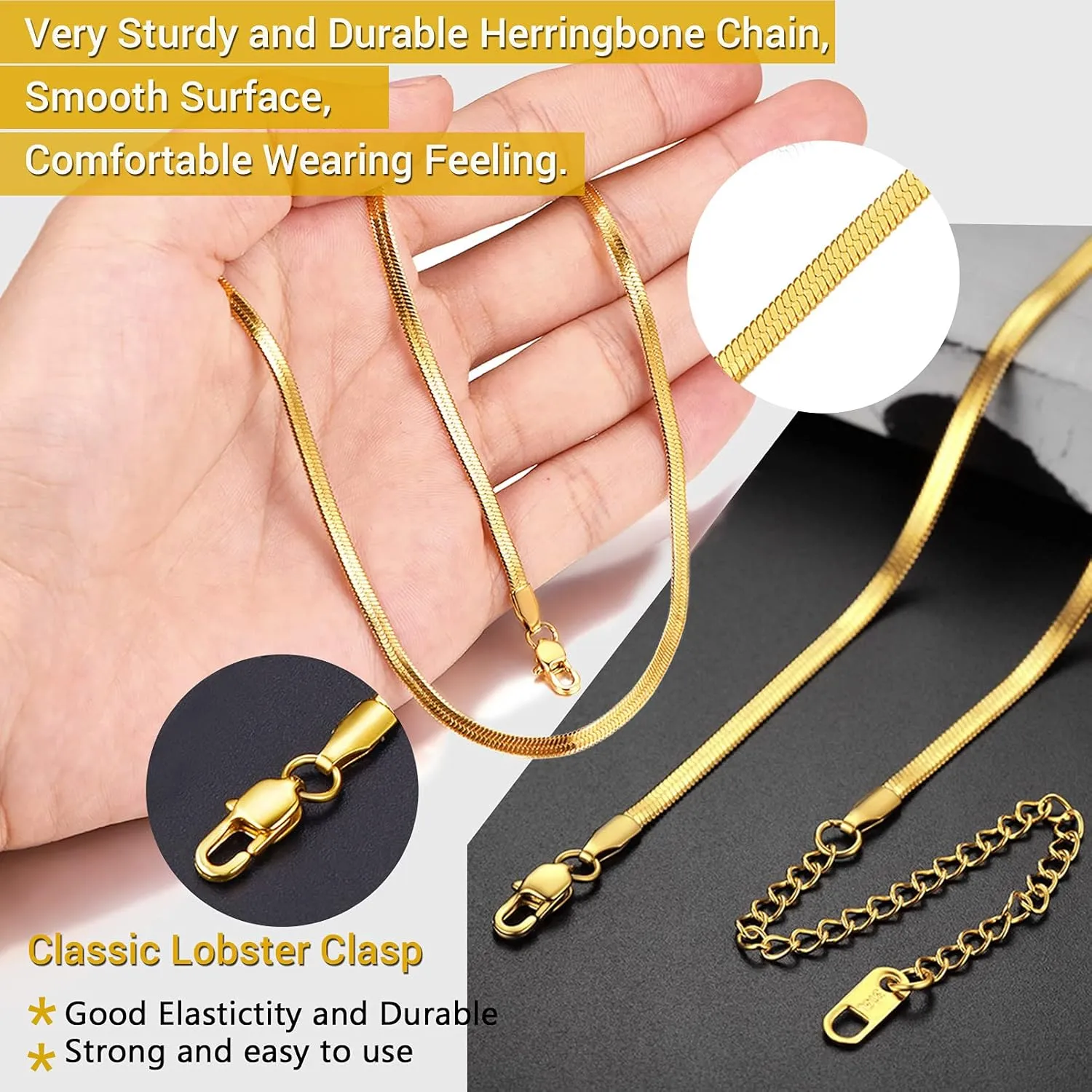 PROSTEEL 3mm/5mm Herringbone Choker Necklace for Men Women, Stainless Steel/Sterling Silver Chain in Silver/Yellow Gold/Rose Gold/Black Tone, 12"/15"/18", Come with Box
