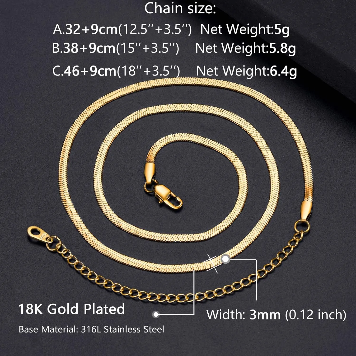 PROSTEEL 3mm/5mm Herringbone Choker Necklace for Men Women, Stainless Steel/Sterling Silver Chain in Silver/Yellow Gold/Rose Gold/Black Tone, 12"/15"/18", Come with Box