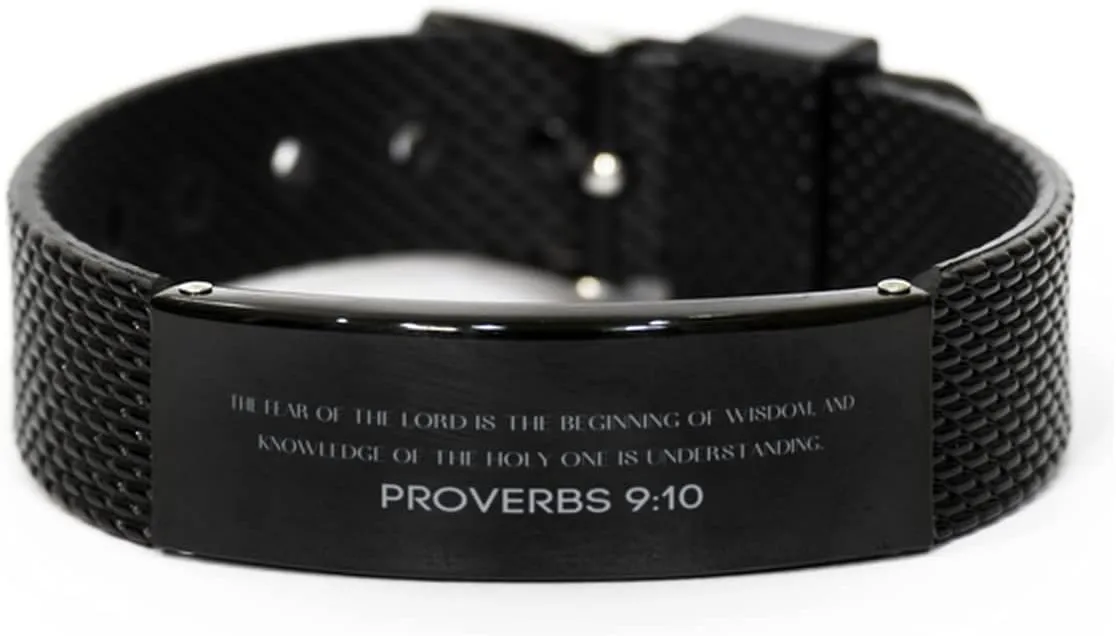 Proverbs 9:10 Christian Black Shark Mesh Bracelet Gifts, Faith Message Prayer Proverbs 9:10 Religious Bracelets for Women Men Proverbs 9:10 Bible Verse Inspirational Mantra Adjustable Bracelet Power