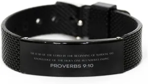 Proverbs 9:10 Christian Black Shark Mesh Bracelet Gifts, Faith Message Prayer Proverbs 9:10 Religious Bracelets for Women Men Proverbs 9:10 Bible Verse Inspirational Mantra Adjustable Bracelet Power
