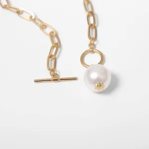 Punk Imitation Pearl Pendant Long Necklace for Women Curb Cuban Thick Chain Toggle Clasp Necklace Jewelry
