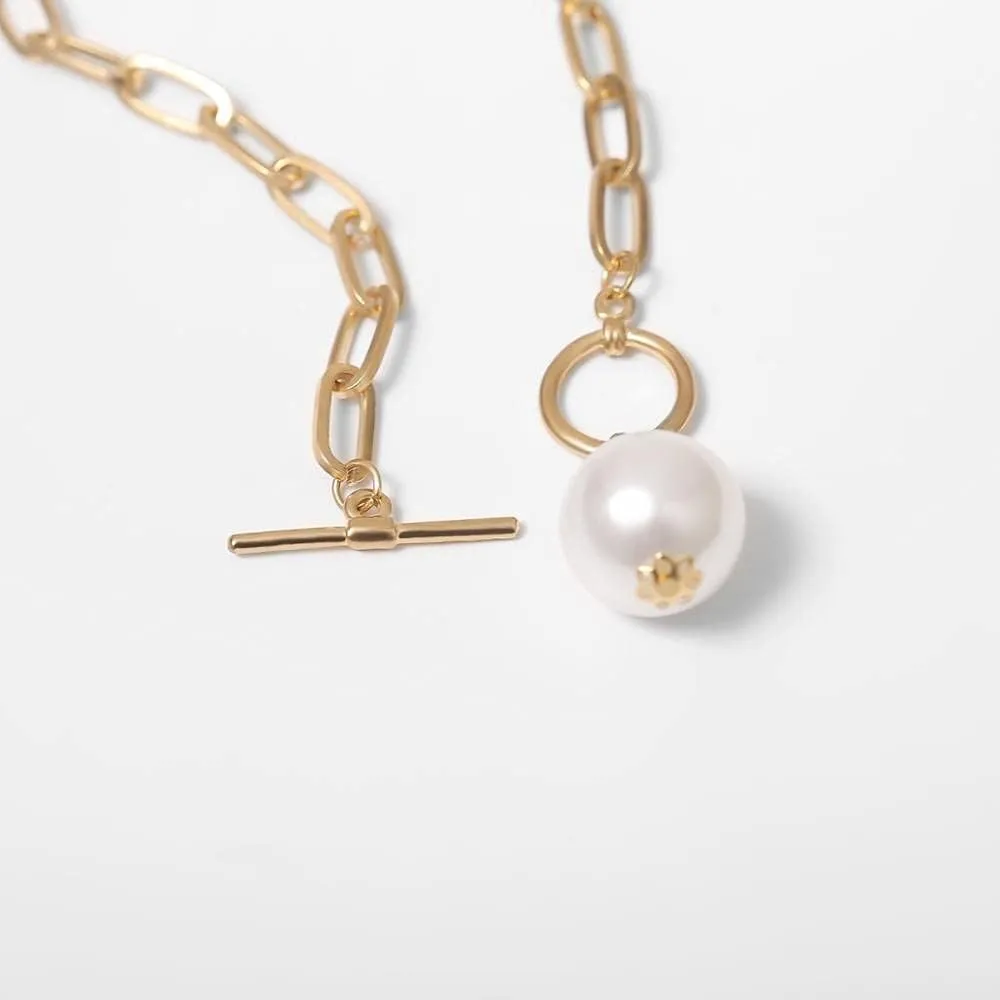 Punk Imitation Pearl Pendant Long Necklace for Women Curb Cuban Thick Chain Toggle Clasp Necklace Jewelry