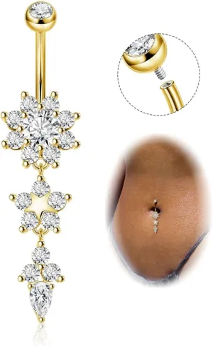 Pure Titanium Dangle Belly Button Rings for Women Internally Thread Curved Barbell Belly Rings Dangling Navel Rings CZ Flower Navel Piercing Jewelry 6-16mm