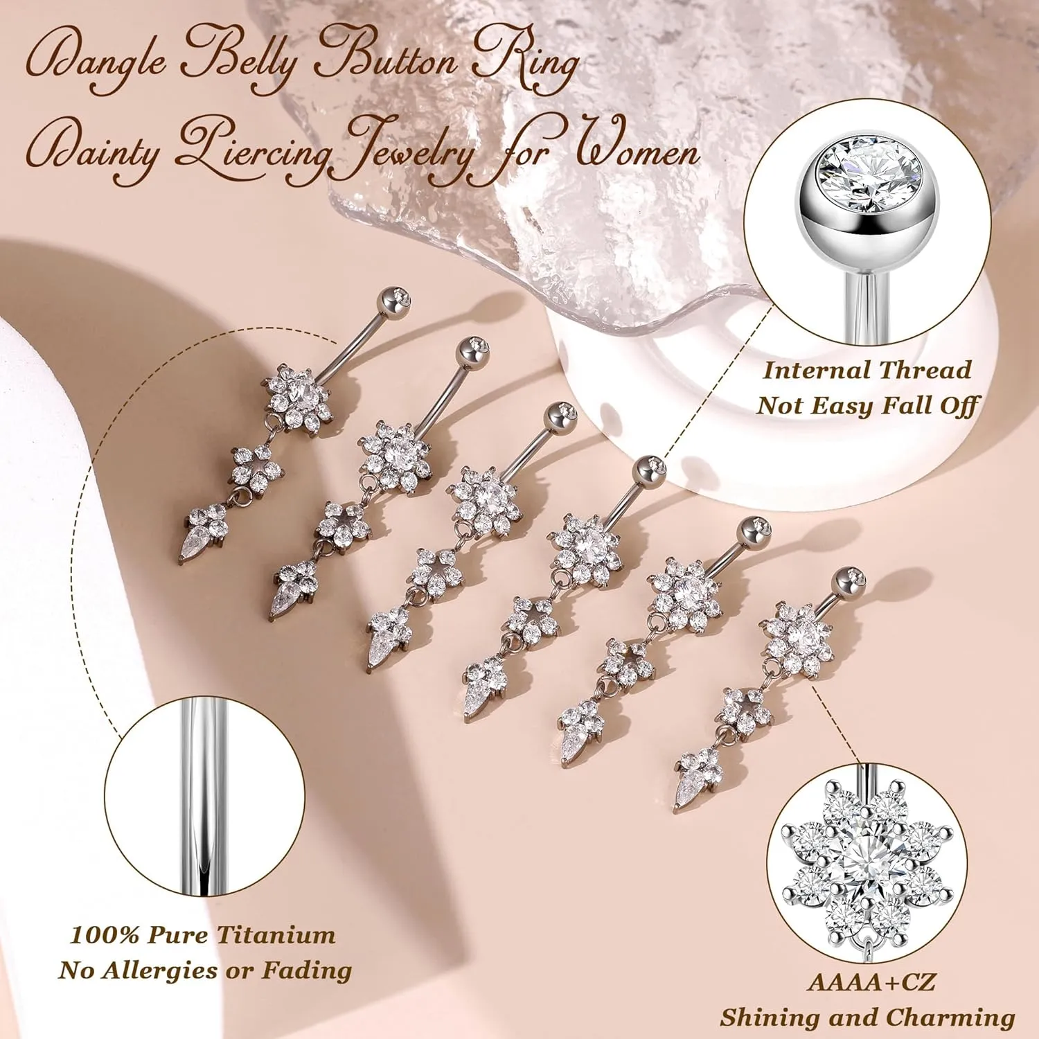 Pure Titanium Dangle Belly Button Rings for Women Internally Thread Curved Barbell Belly Rings Dangling Navel Rings CZ Flower Navel Piercing Jewelry 6-16mm