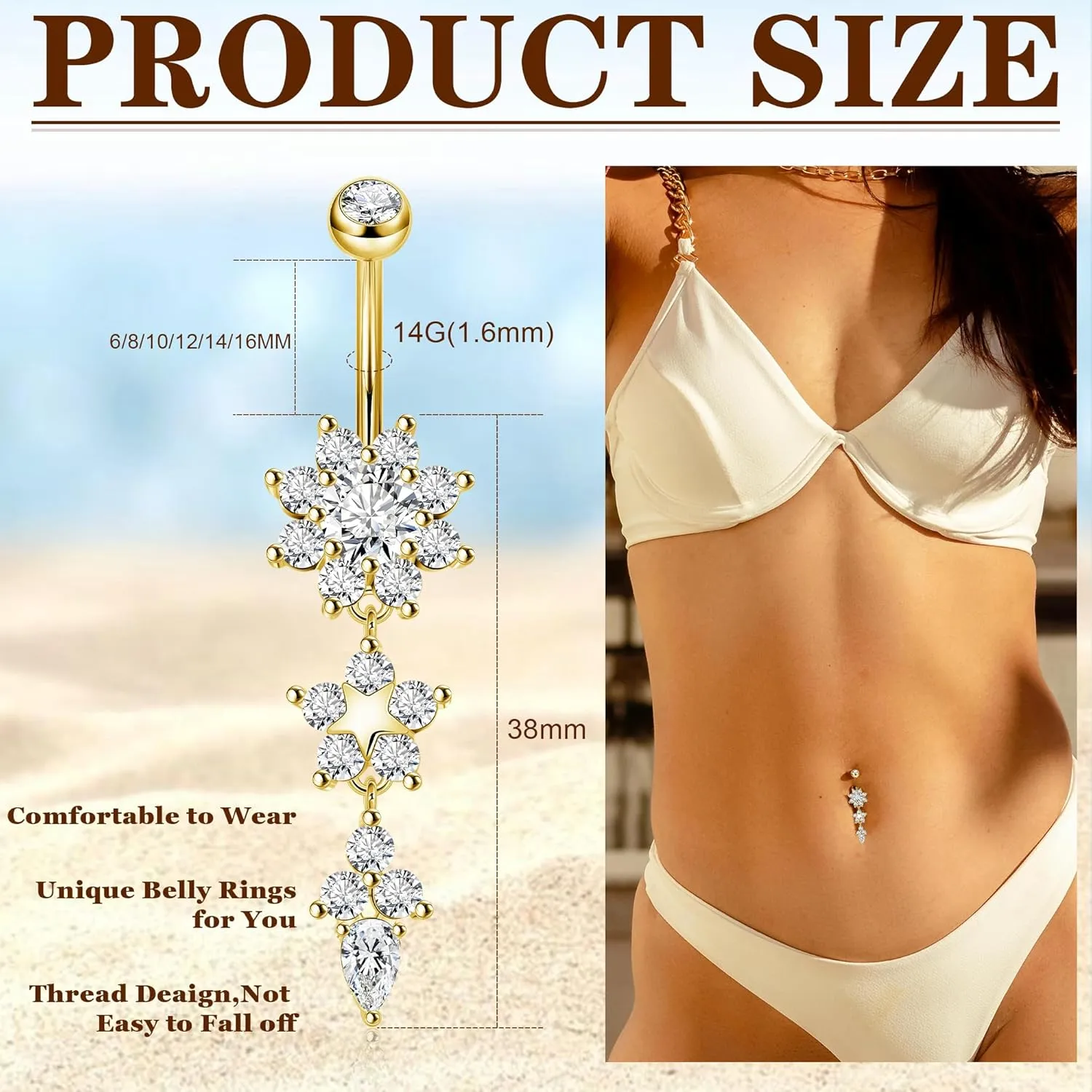 Pure Titanium Dangle Belly Button Rings for Women Internally Thread Curved Barbell Belly Rings Dangling Navel Rings CZ Flower Navel Piercing Jewelry 6-16mm
