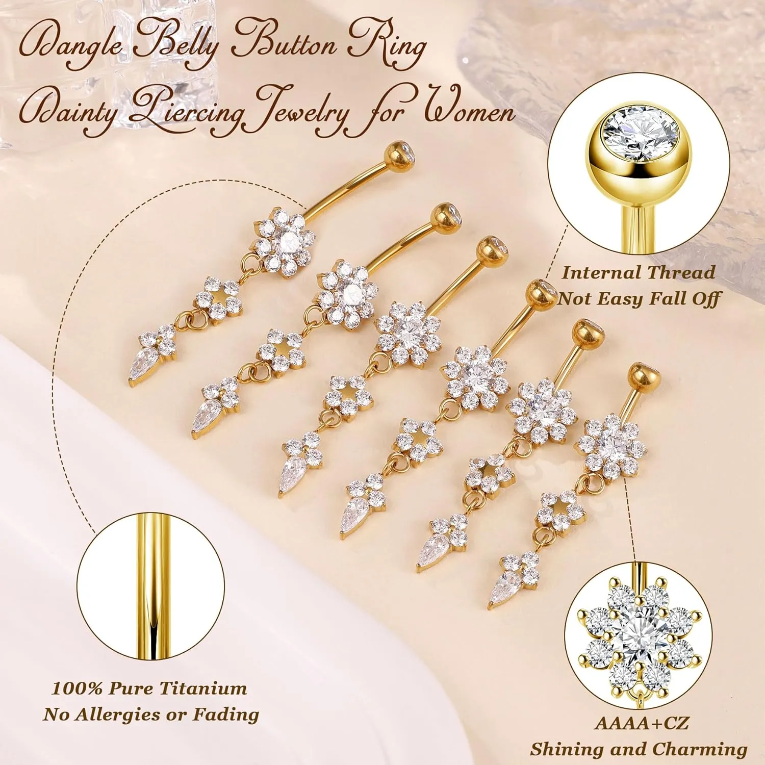 Pure Titanium Dangle Belly Button Rings for Women Internally Thread Curved Barbell Belly Rings Dangling Navel Rings CZ Flower Navel Piercing Jewelry 6-16mm