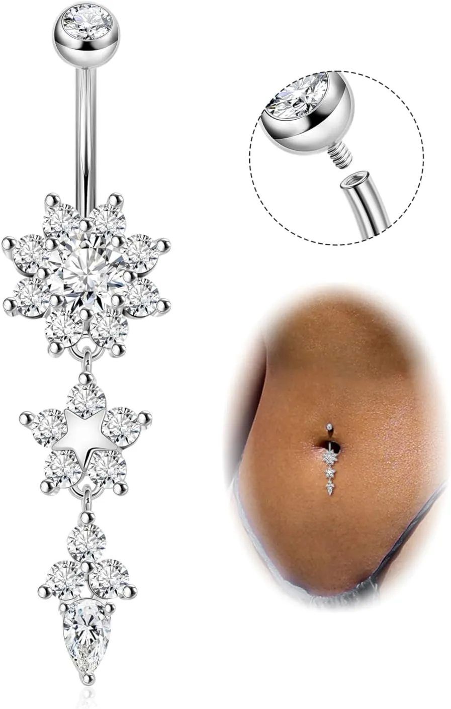 Pure Titanium Dangle Belly Button Rings for Women Internally Thread Curved Barbell Belly Rings Dangling Navel Rings CZ Flower Navel Piercing Jewelry 6-16mm