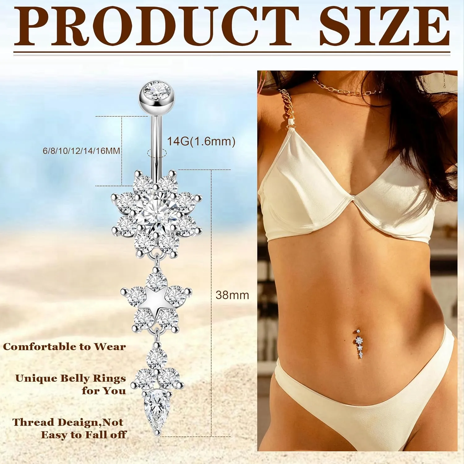 Pure Titanium Dangle Belly Button Rings for Women Internally Thread Curved Barbell Belly Rings Dangling Navel Rings CZ Flower Navel Piercing Jewelry 6-16mm