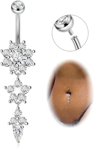 Pure Titanium Dangle Belly Button Rings for Women Internally Thread Curved Barbell Belly Rings Dangling Navel Rings CZ Flower Navel Piercing Jewelry 6-16mm