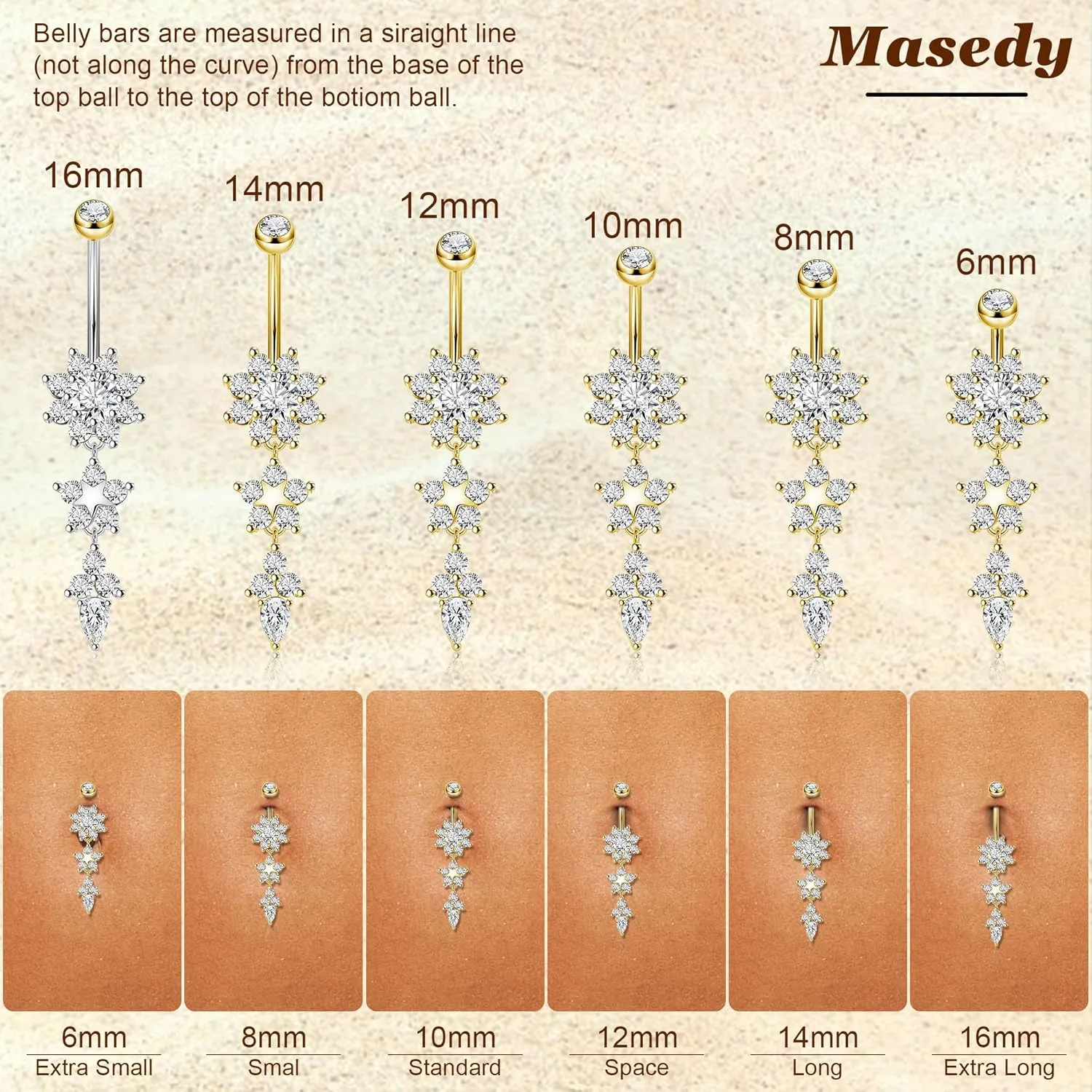 Pure Titanium Dangle Belly Button Rings for Women Internally Thread Curved Barbell Belly Rings Dangling Navel Rings CZ Flower Navel Piercing Jewelry 6-16mm