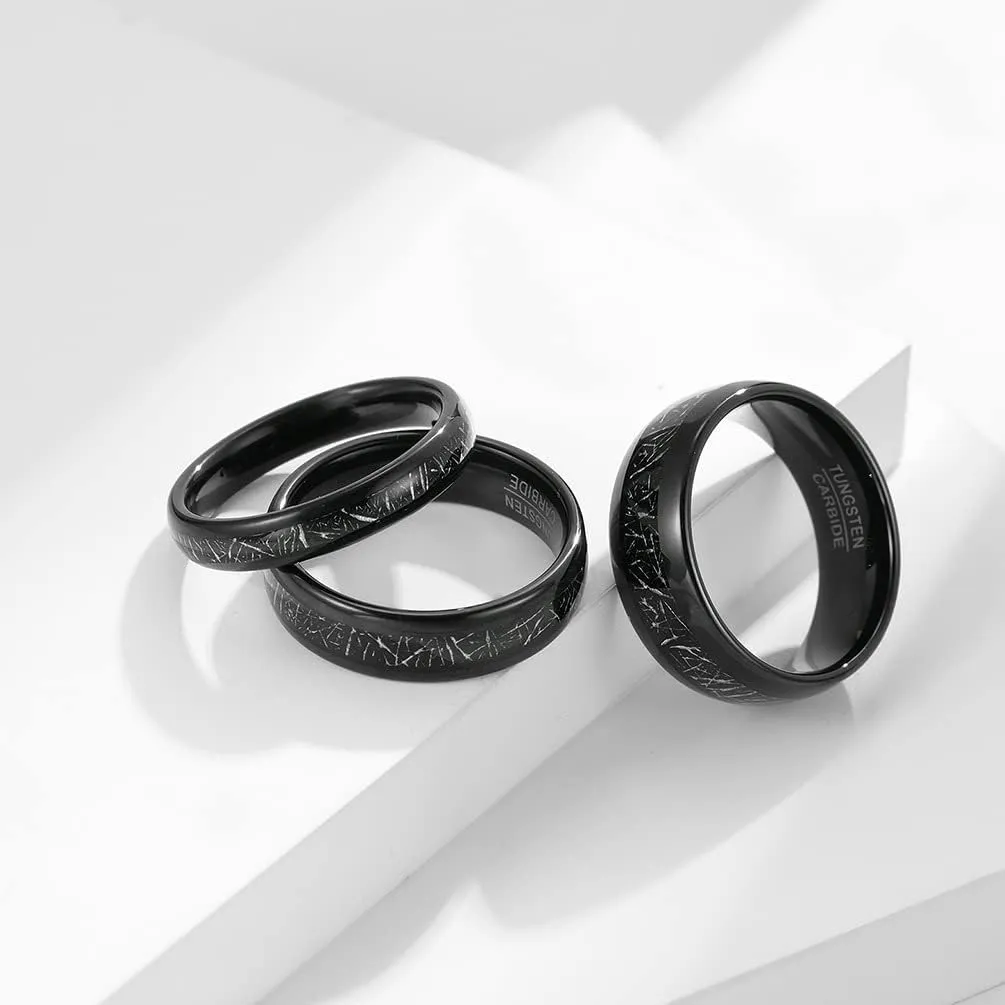 QINGDUO 8MM&6MM/6MM&4MM 2Pcs Free Engrave Groom Bride Matching Anniversary Couple Inside and Outside Smooth Arc Tungsten Steel inlaid Black Silk Wedding Bands Rings Set Valentine Birthday Day Gift