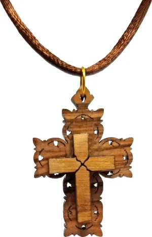 Raised 3D Filigree Cross, Wooden Cross Necklace for Men & Women, Certified Holy Land Olive Wood Orthodox Pendant Necklace from Bethlehem Israel, Christian & Catholic Religious Keepsake Gift