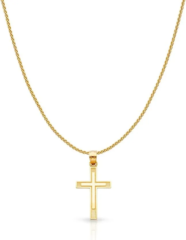 Real 14K Solid Gold Polished Cross Pendant Necklace With 0.9mm Wheat Chain in 16-24 Inches