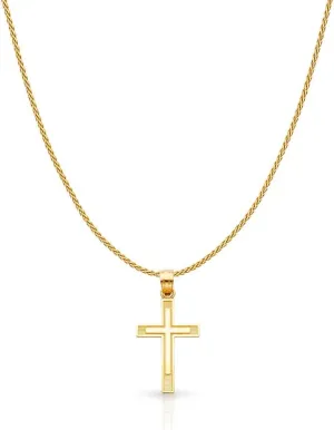 Real 14K Solid Gold Polished Cross Pendant Necklace With 0.9mm Wheat Chain in 16-24 Inches