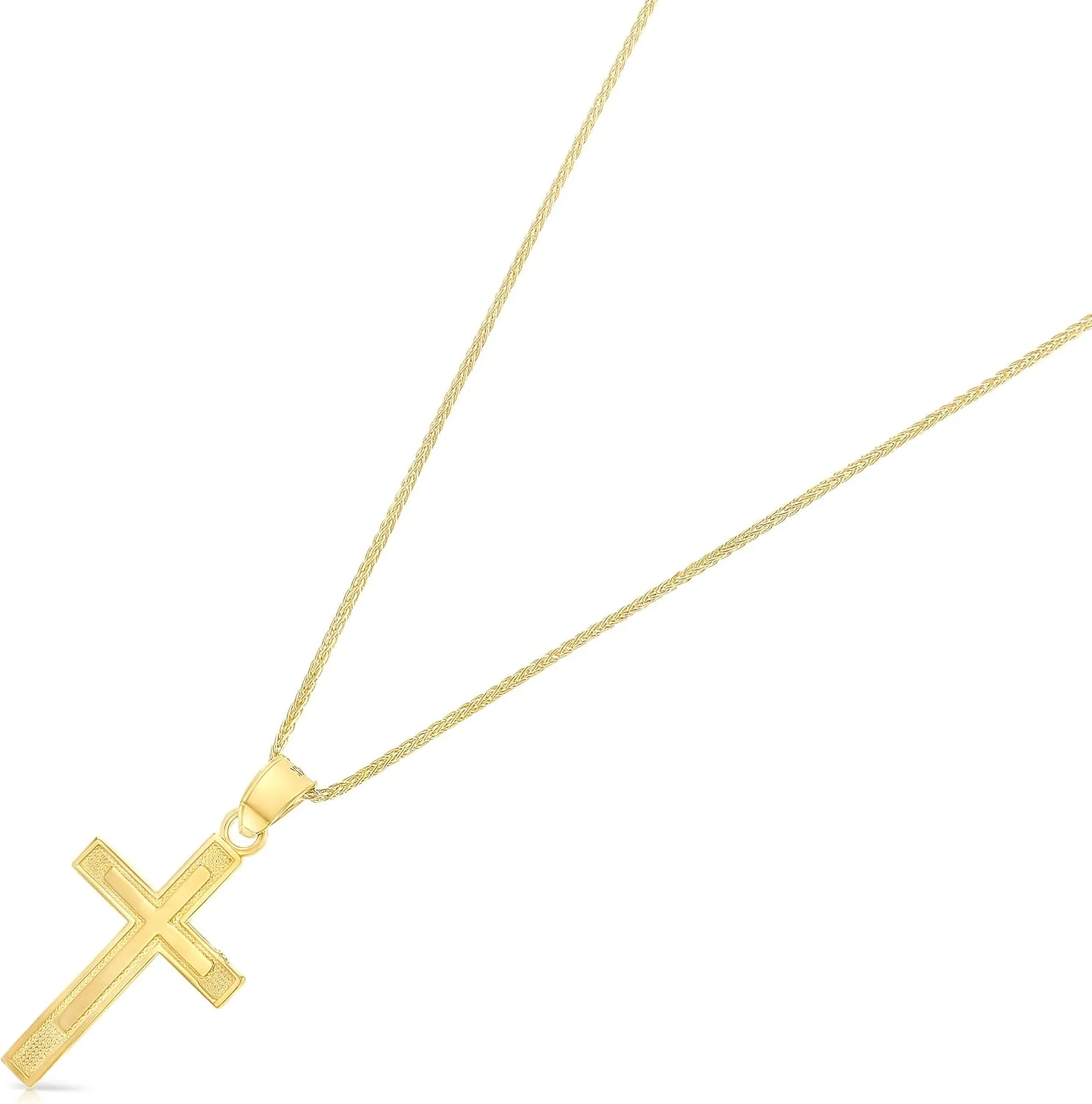 Real 14K Solid Gold Polished Cross Pendant Necklace With 0.9mm Wheat Chain in 16-24 Inches