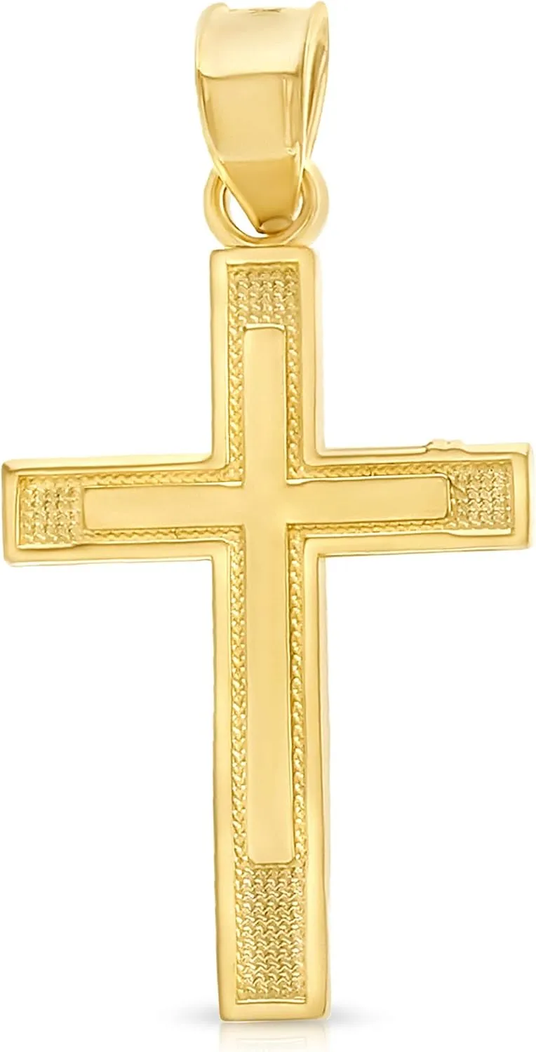 Real 14K Solid Gold Polished Cross Pendant Necklace With 0.9mm Wheat Chain in 16-24 Inches