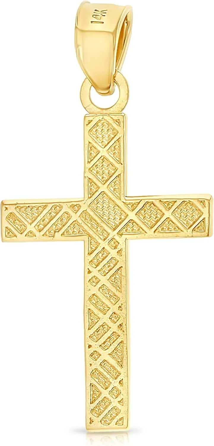 Real 14K Solid Gold Polished Cross Pendant Necklace With 0.9mm Wheat Chain in 16-24 Inches