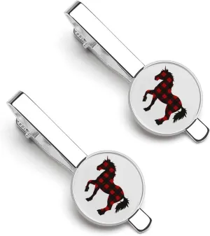 Red Buffalo Plaid Uni-corn-horse 2Pcs Tie Clips Personalized Tie Bar Stylish Tie Bars Clasps Gift for Men