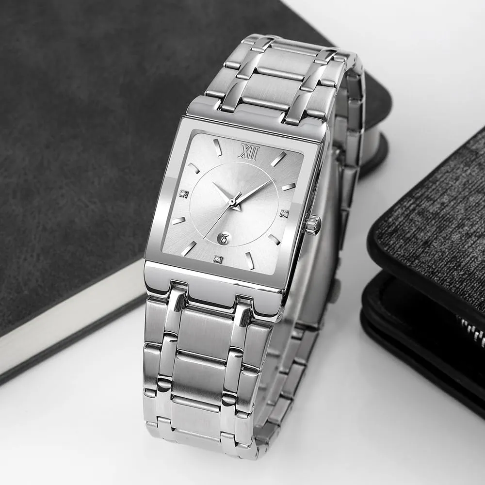 Reginald Fashion Square Watches for Men Date Waterproof Analog Quartz Watch Stainless Steel Fashion Business Casual Wristwatch