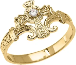 Religious Jewelry 10k Yellow Gold Solitaire Diamond Celtic Cross with Trinity Knot Design Elegant Ring