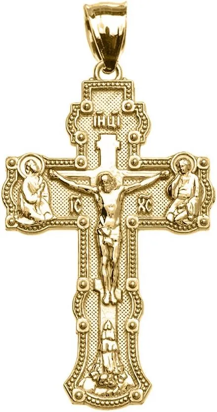 Religious Jewelry Elegant Russian Orthodox Save and Protect Cross Pendant in 10k Yellow Gold