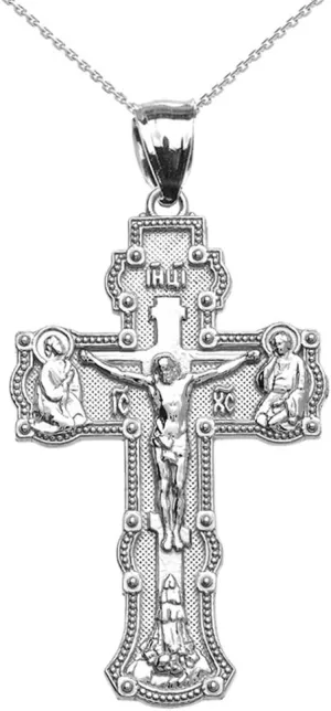 Religious Jewelry Elegant Russian Orthodox Save and Protect Cross Pendant Necklace in 14k White Gold