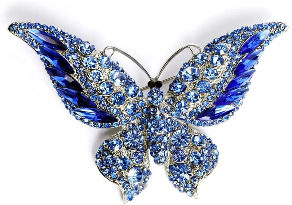 Rhinestone Butterfly Brooch Pin for Women Girls Fashion Exquisite Big Blue Crystal Empress Monarch Winged Brooches Lapel Pins Elegant Dress Accessories Wedding Christmas Birthday Jewelry Gift