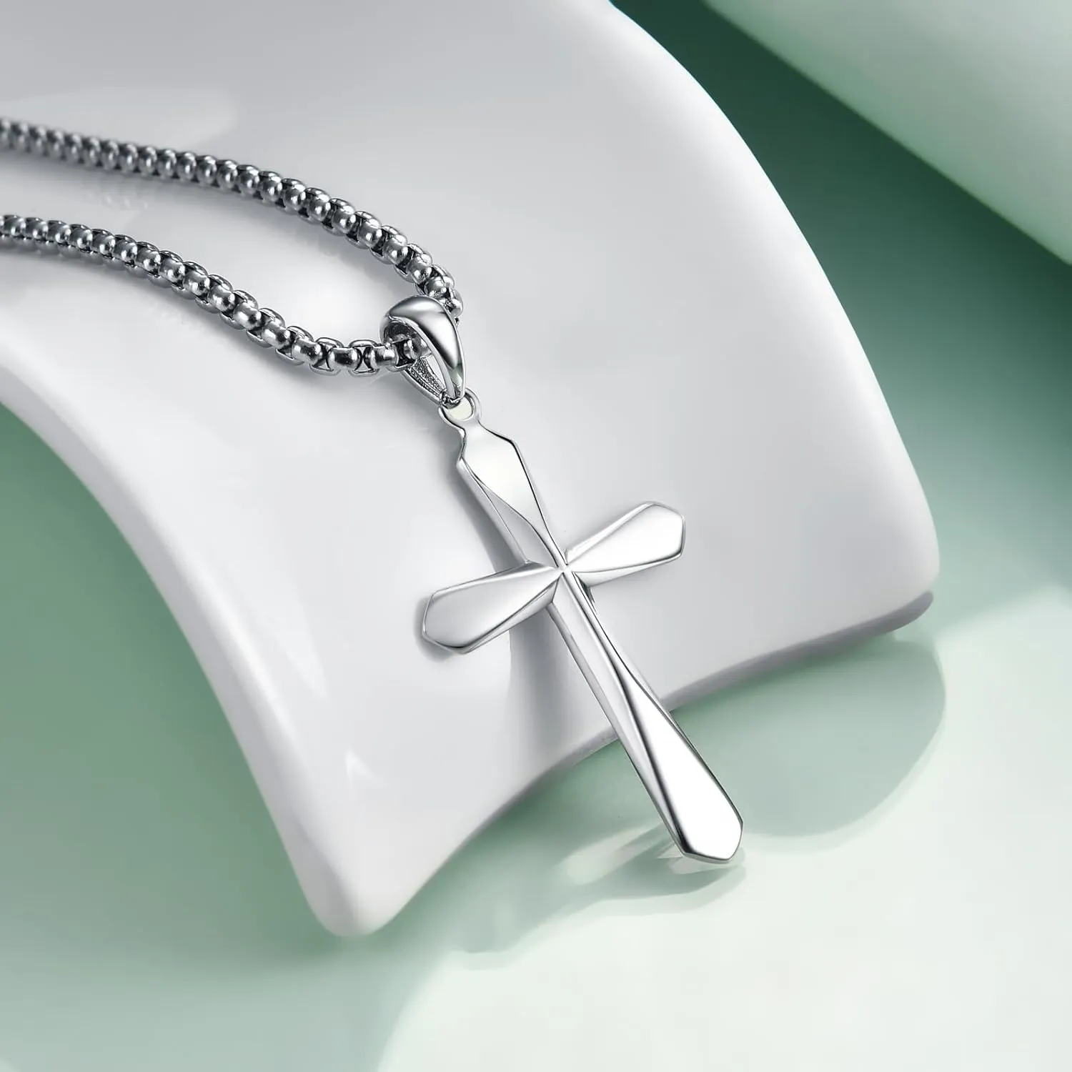 Rnivida Men's 925 Sterling Silver Cross Necklace with Beveled Edge - 3MM Stainless Steel Box Chain