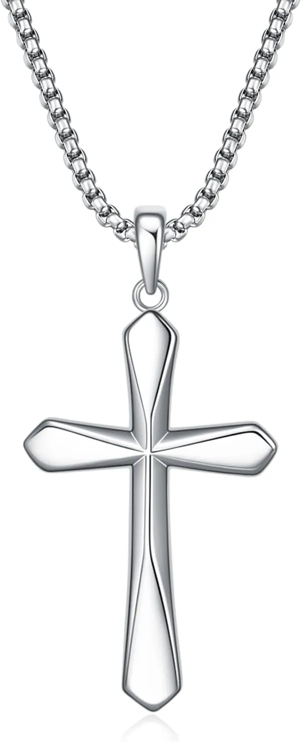 Rnivida Men's 925 Sterling Silver Cross Necklace with Beveled Edge - 3MM Stainless Steel Box Chain