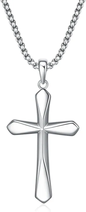 Rnivida Men's 925 Sterling Silver Cross Necklace with Beveled Edge - 3MM Stainless Steel Box Chain
