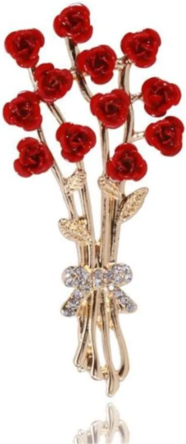 Rose Bouquet Brooch Elegant Red Flower Leaf Brooch Rhinestone Bouquet Rose Brooch Fashion Trendy Brooch