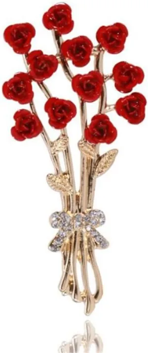 Rose Bouquet Brooch Elegant Red Flower Leaf Brooch Rhinestone Bouquet Rose Brooch Fashion Trendy Brooch