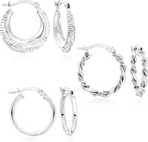 Ross-Simons Sterling Silver Jewelry Set: 3 Pairs Of Textured and Polished Hoop Earrings