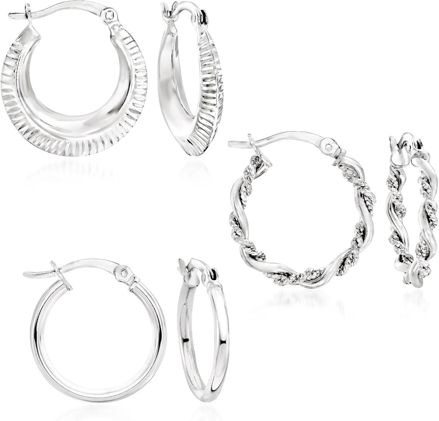 Ross-Simons Sterling Silver Jewelry Set: 3 Pairs Of Textured and Polished Hoop Earrings